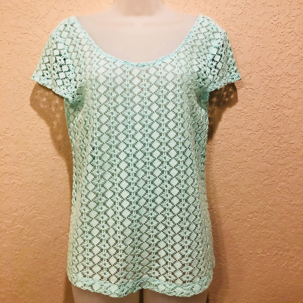 {F21} Boho pale turquoise crochet flowy top